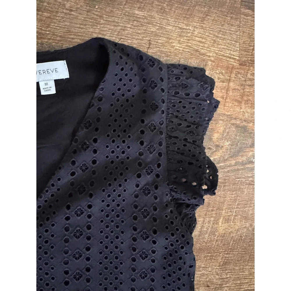 EverEve Black Eyelet Dress Medium Ruffle Sleeve Lined Shift Mini Dress